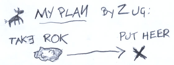 Cartoon of a cave drawing exhibiting a plan to take a rock and move it to a destination.
