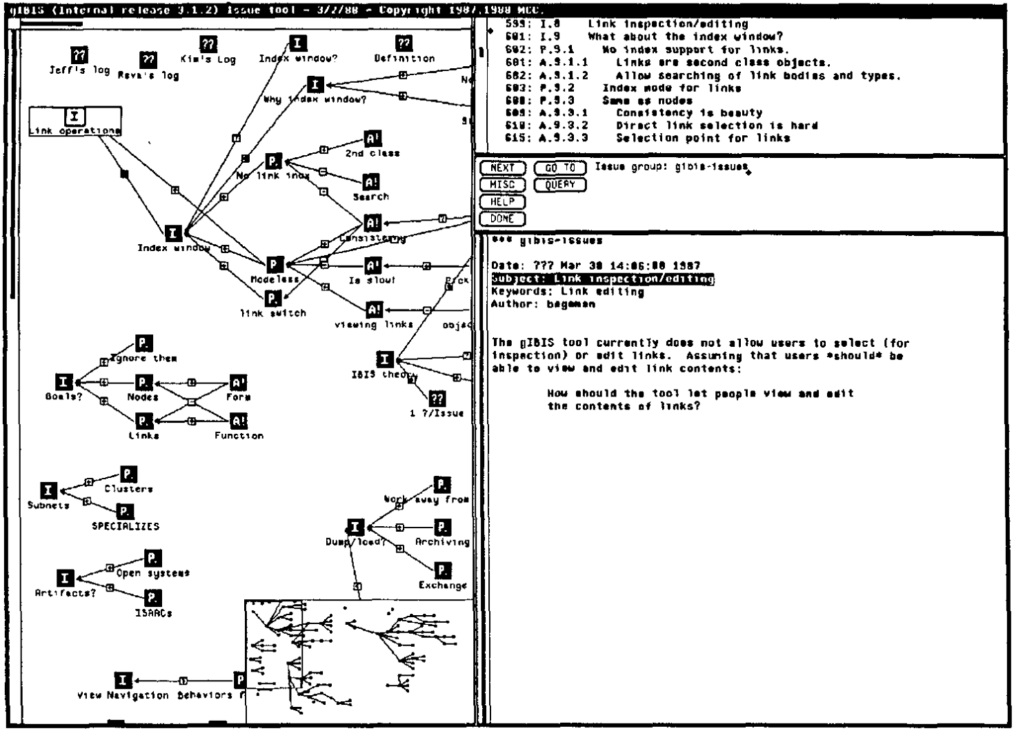 Screenshot of gIBIS showing an diagram of an issue network, an alternate text representation, and a description of a node in focus.